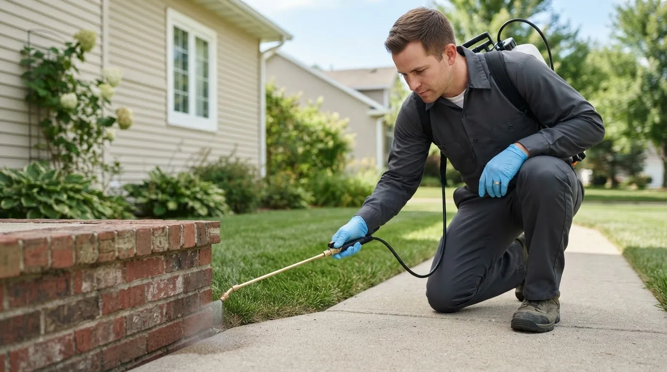 Pest control technician treating a home near North Aurora, IL