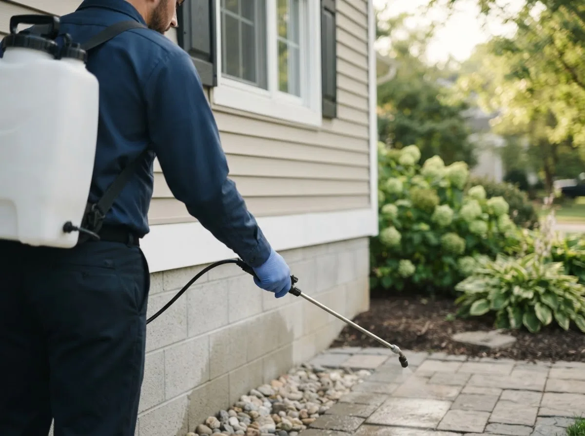 Pest control technician inspecting a home in North Aurora, IL